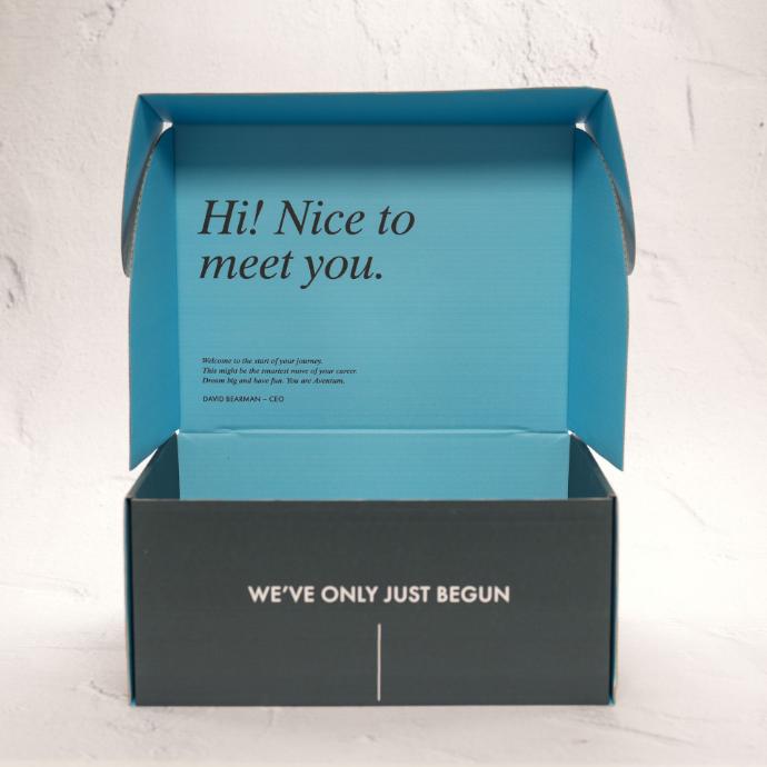 open bespoke box with nice to meet you print inside